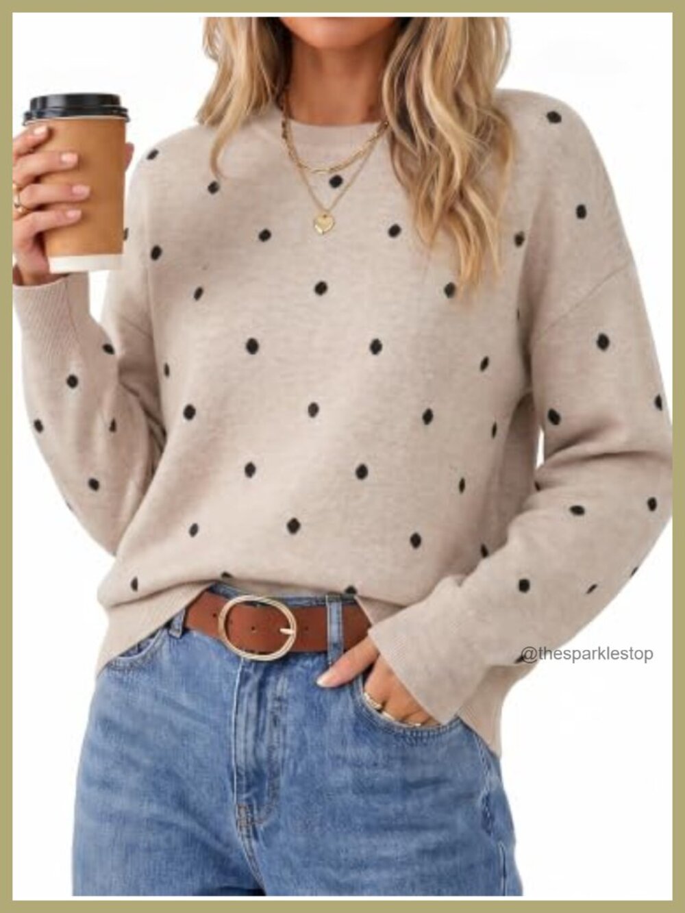 Wool Blend Crew Neck Polka Dot Pullover Sweater